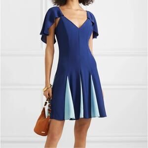 STAUD | Chiquita Pleated Two-tone Crape De Chine Mini Dress in Blue